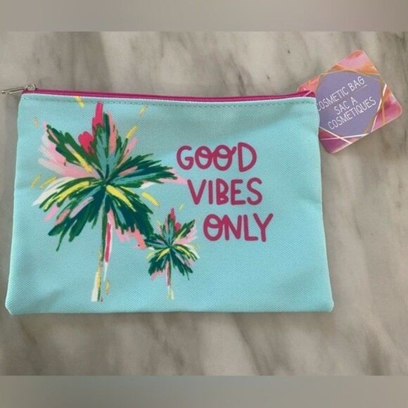 NWT Teal “Good Vibes Only” Tropical Palm Tree Cosmetic Bag Makeup, Pencil Pouch - Picture 1 of 4